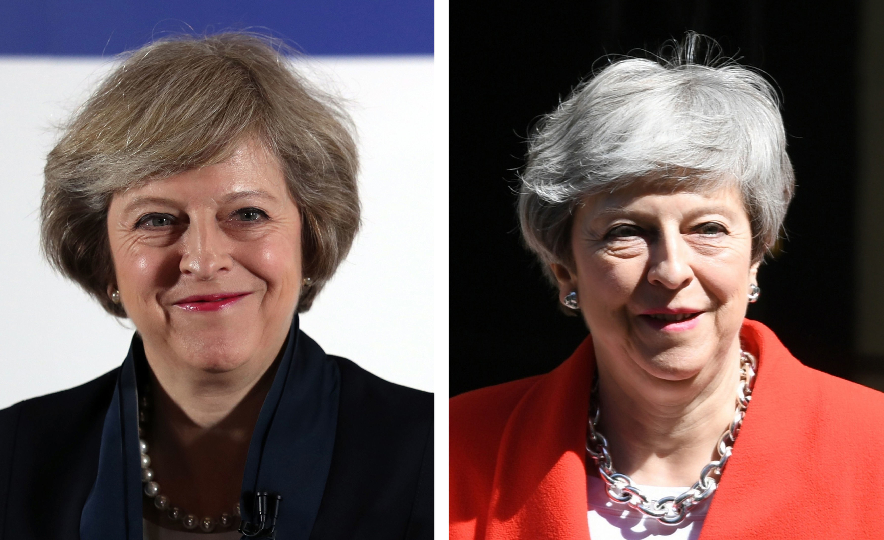 Theresa May. L: During her leadership campaign in 2016, R: Pictured a week before she announced her intention to resign.
