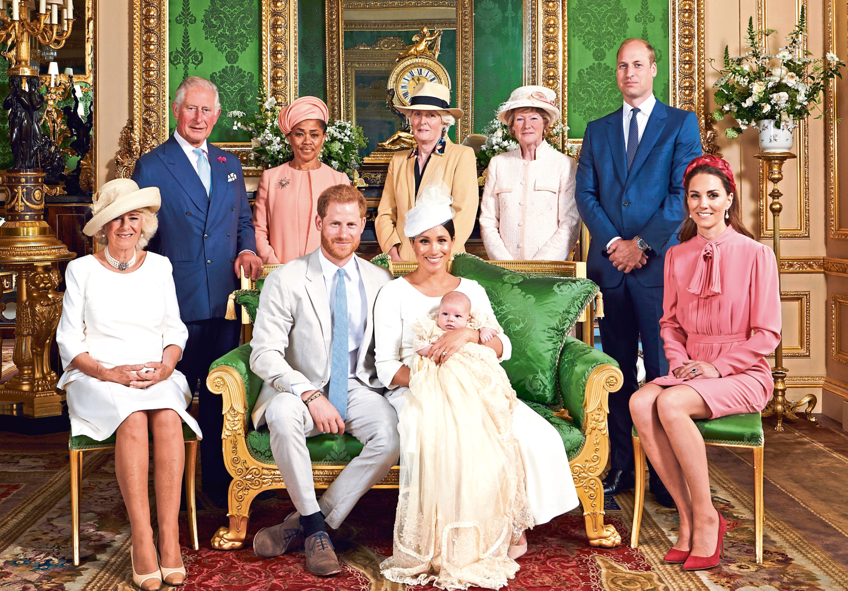 The official photo... The Duke and Duchess with their son, Archie and (left to right) the Duchess of Cornwall, the Prince of Wales, Doria Ragland, Lady Jane Fellowes, Lady Sarah McCorquodale, and the Duke and The Duchess of Cambridge