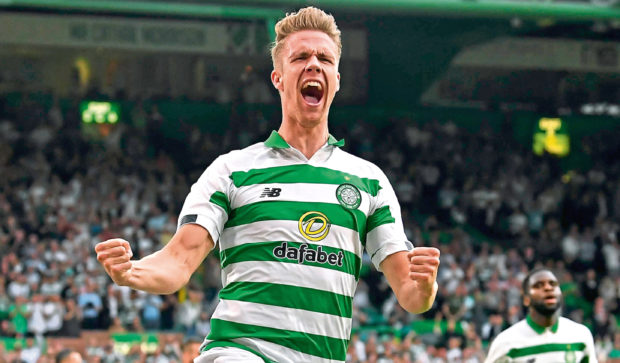 Celtic's Kristoffer Ajer celebrates the opener against Nomme Kalju