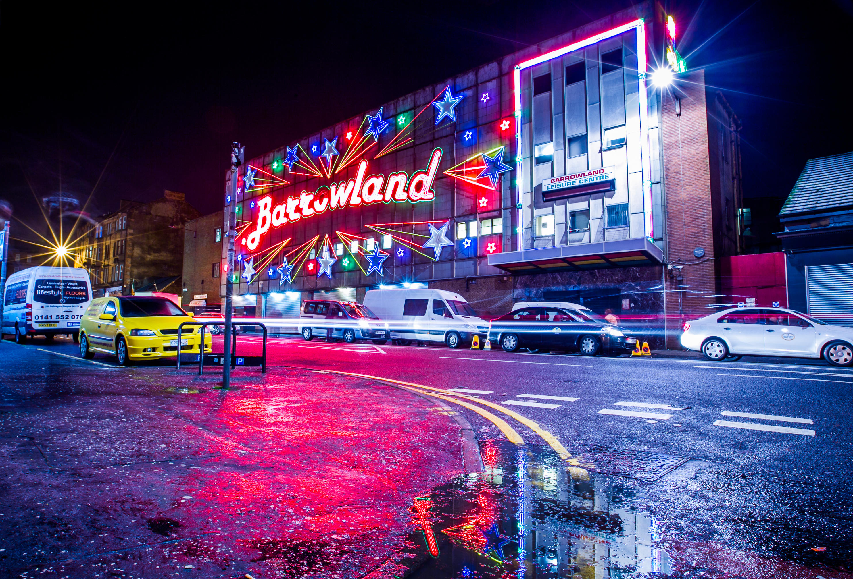 The Barrowland, music venue in Glasgow at night.