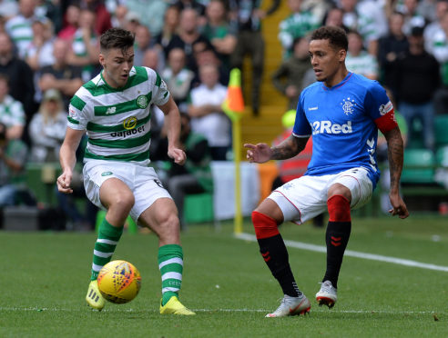 Kieran Tierney takes on Rangers captain James Tavernier