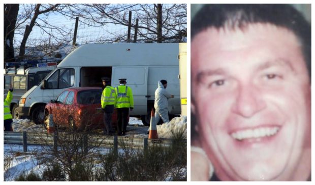 Officers at the scene (right) where John Donovan’s car was found in a layby on a bleak section of the A96 at Cairnie. His body was found 100 yards away