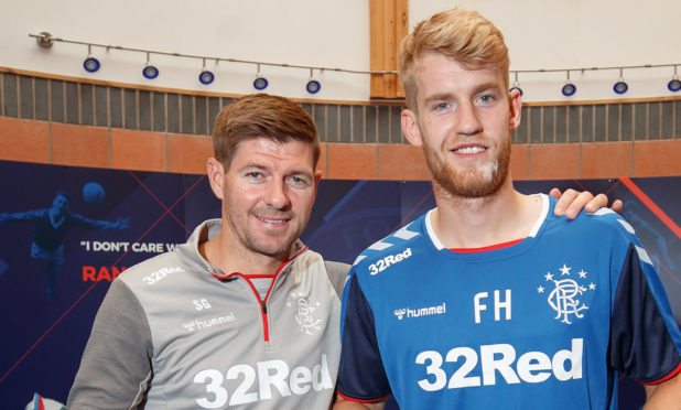 Rangers' new signing Filip Helander with manager Steven Gerrard