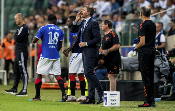 Rangers manager Steven Gerrard issues instructions from the sidelines.