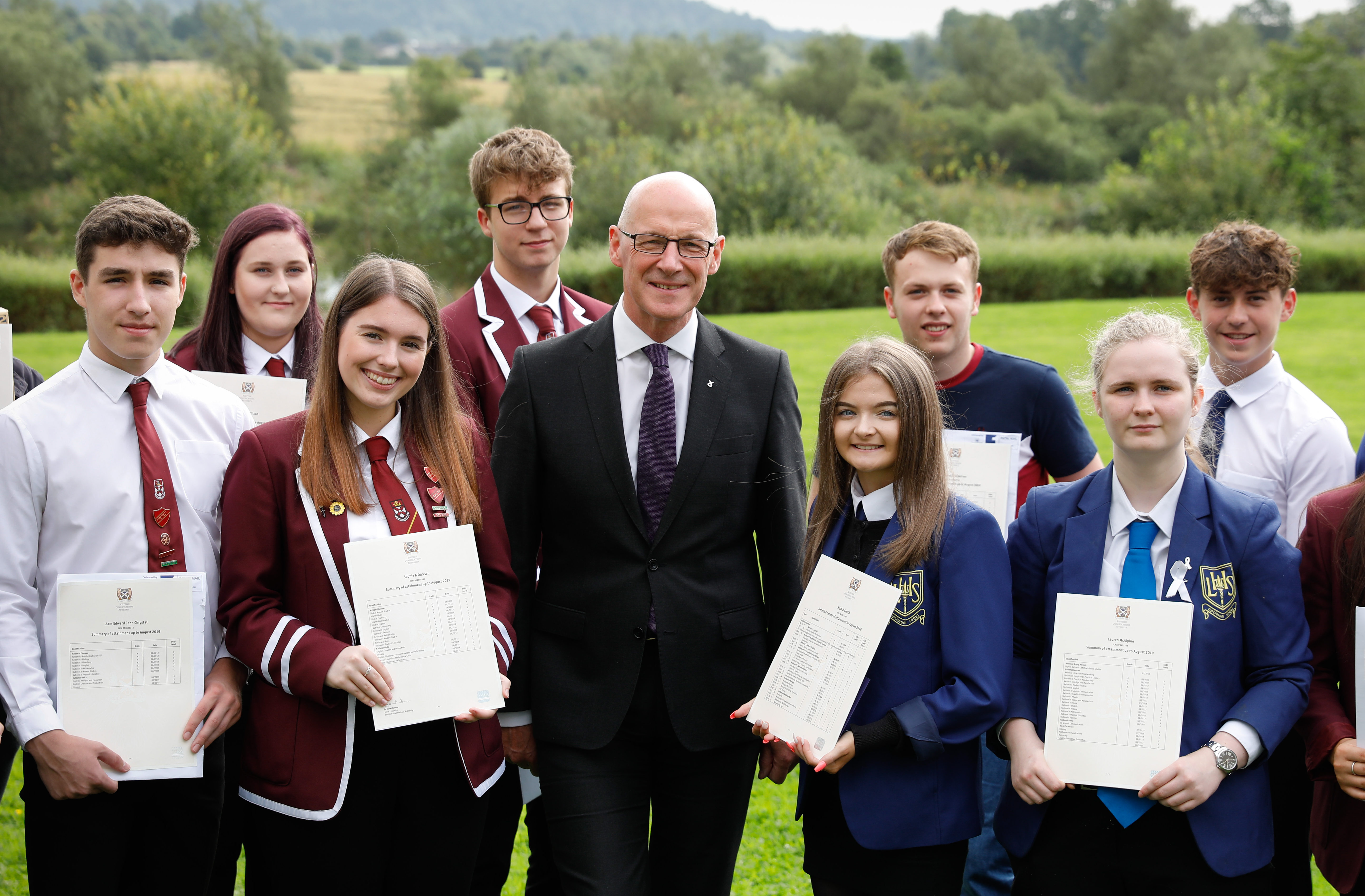 Deputy First Minister and Education Secretary John Swinney with pupils from Forth Valley College in Stirling who received their SQA exam results