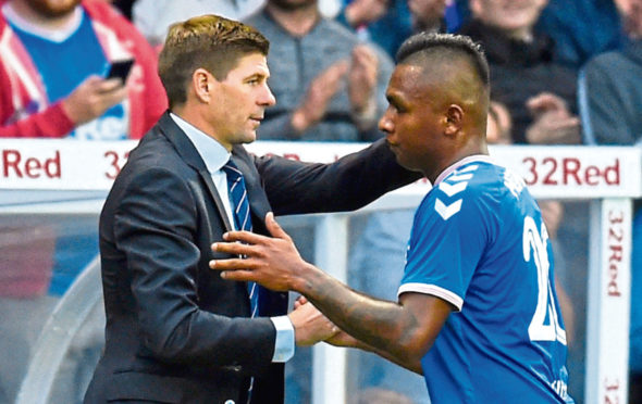 Rangers manager Steven Gerrard with Alfredo Morelos