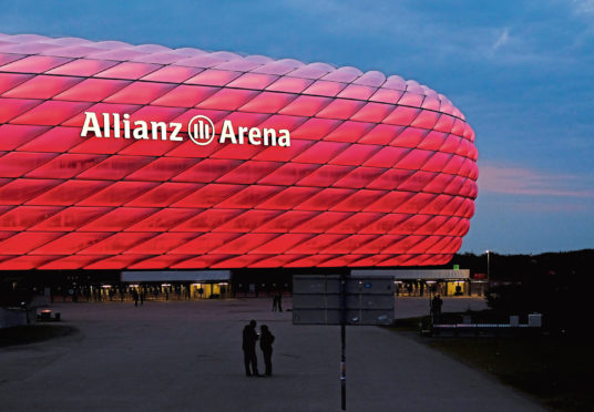 Exterior view of The Allianz Arena, a football stadium located in the district of Fröttmaning, north of Munich.