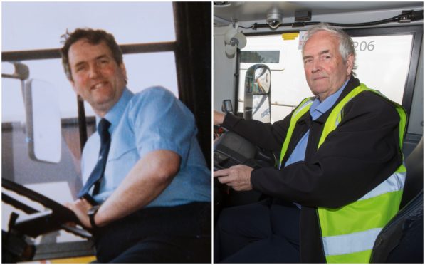 Benny Geddes behind the wheel 40 years ago (left) and, millions of miles later, in the driver’s seat for the last time on Friday