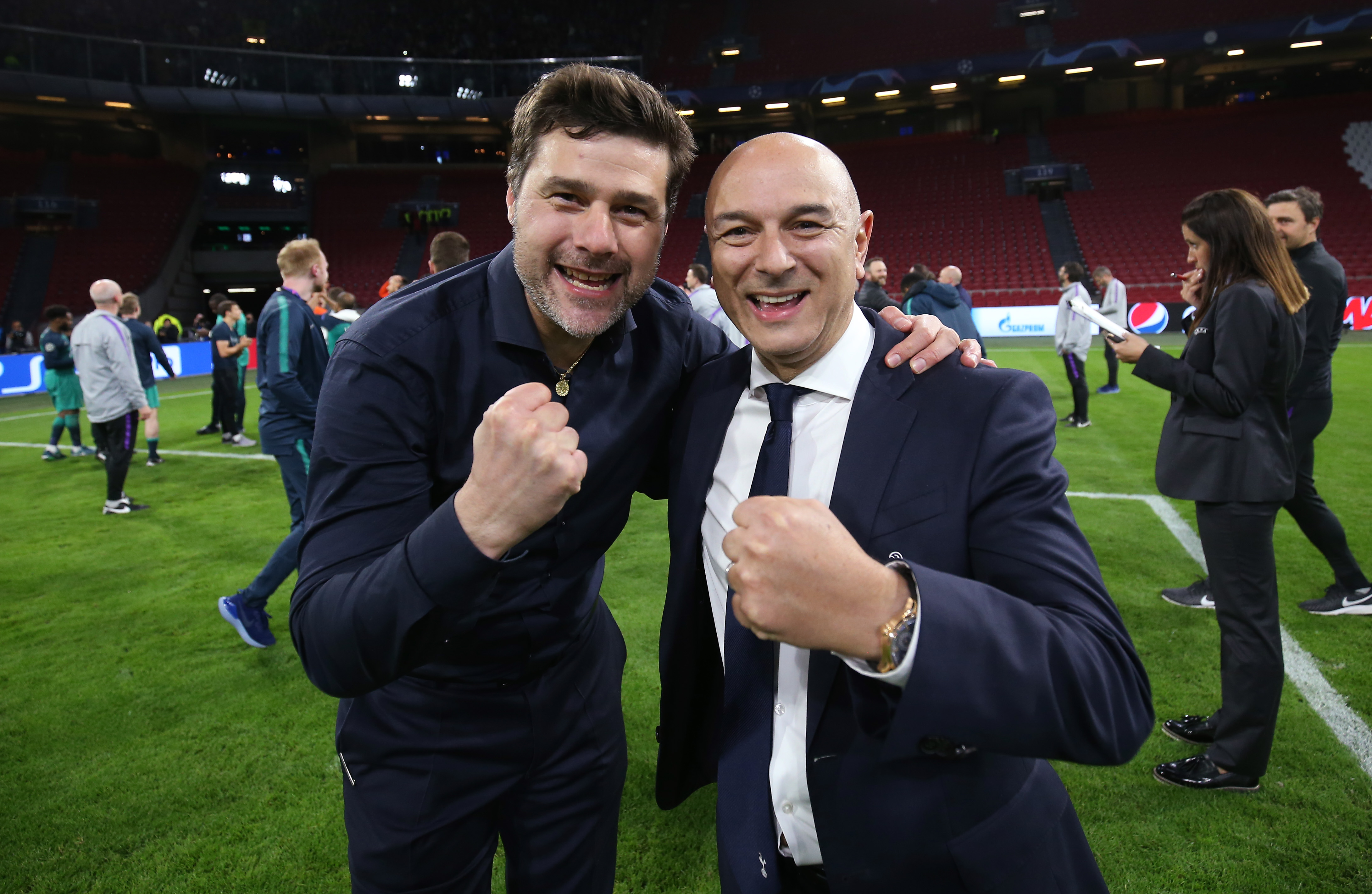 Happier times for Mauricio Pochettino and owner Daniel Levy after Tottenham had qualified for the Champions League Final by winning in Amsterdam. Now their relationship appears to be strained