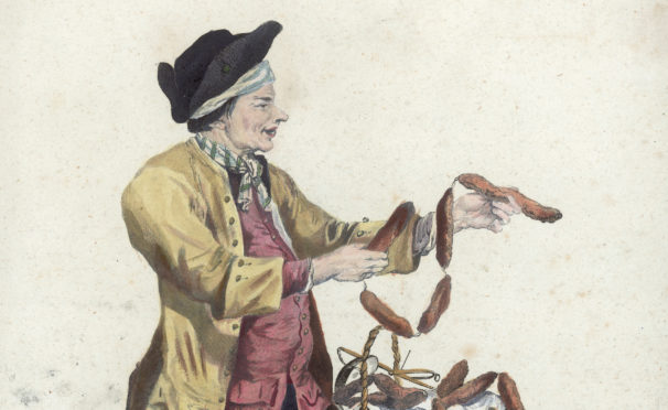 A 1775 copper etching of a salami seller by Carl Conti