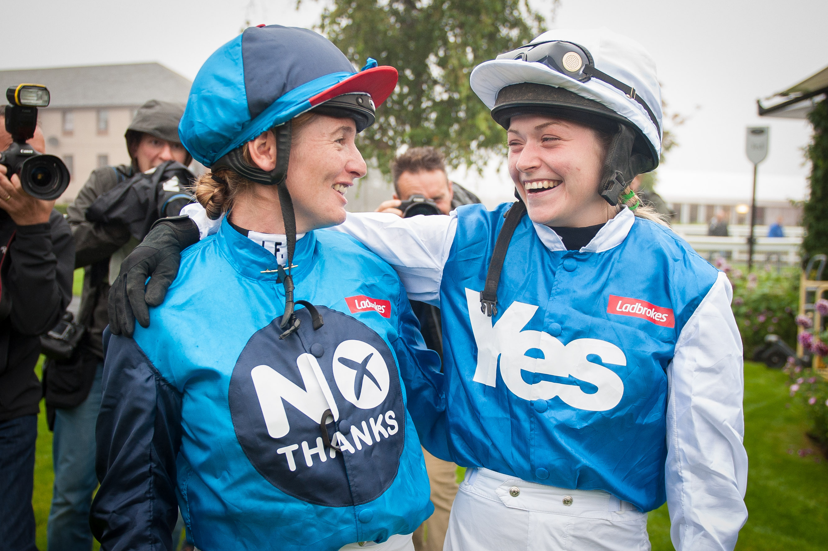 Jockeys Carol Bartley (left) and Rachel Grant, who rode No and Yes horses respectively, in a two-horse race at Musselburgh racecourse, in the Ladbrokes sponsored, Referendum Race.