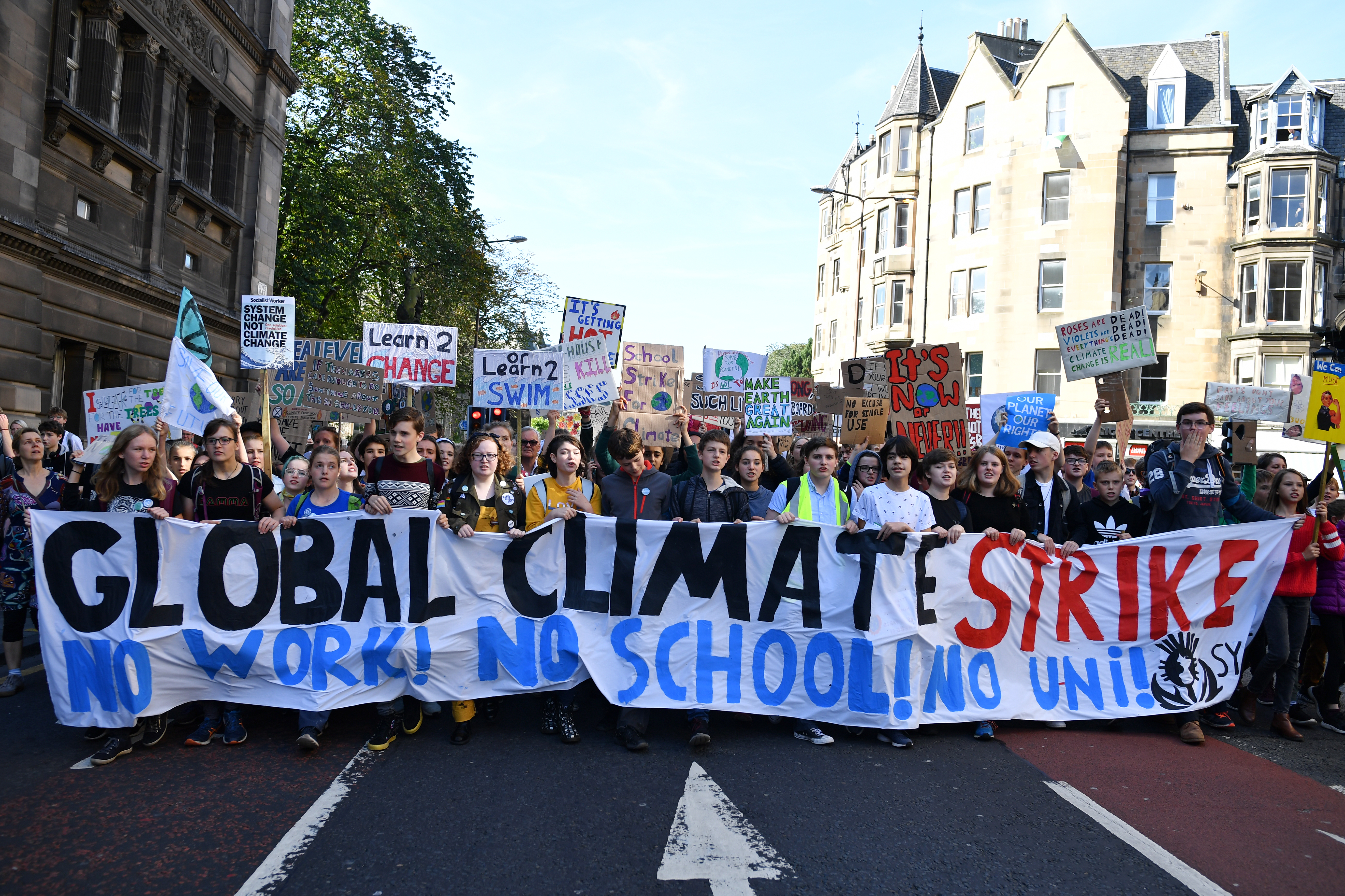 Campaigners protest during a climate change action day on September 20, 2019 in Edinburgh, Scotland. Protests are taking place today worldwide, with campaigners demanding that governments and corporations take steps towards lowering CO2 emissions and combating the warming of the Earth's temperatures.