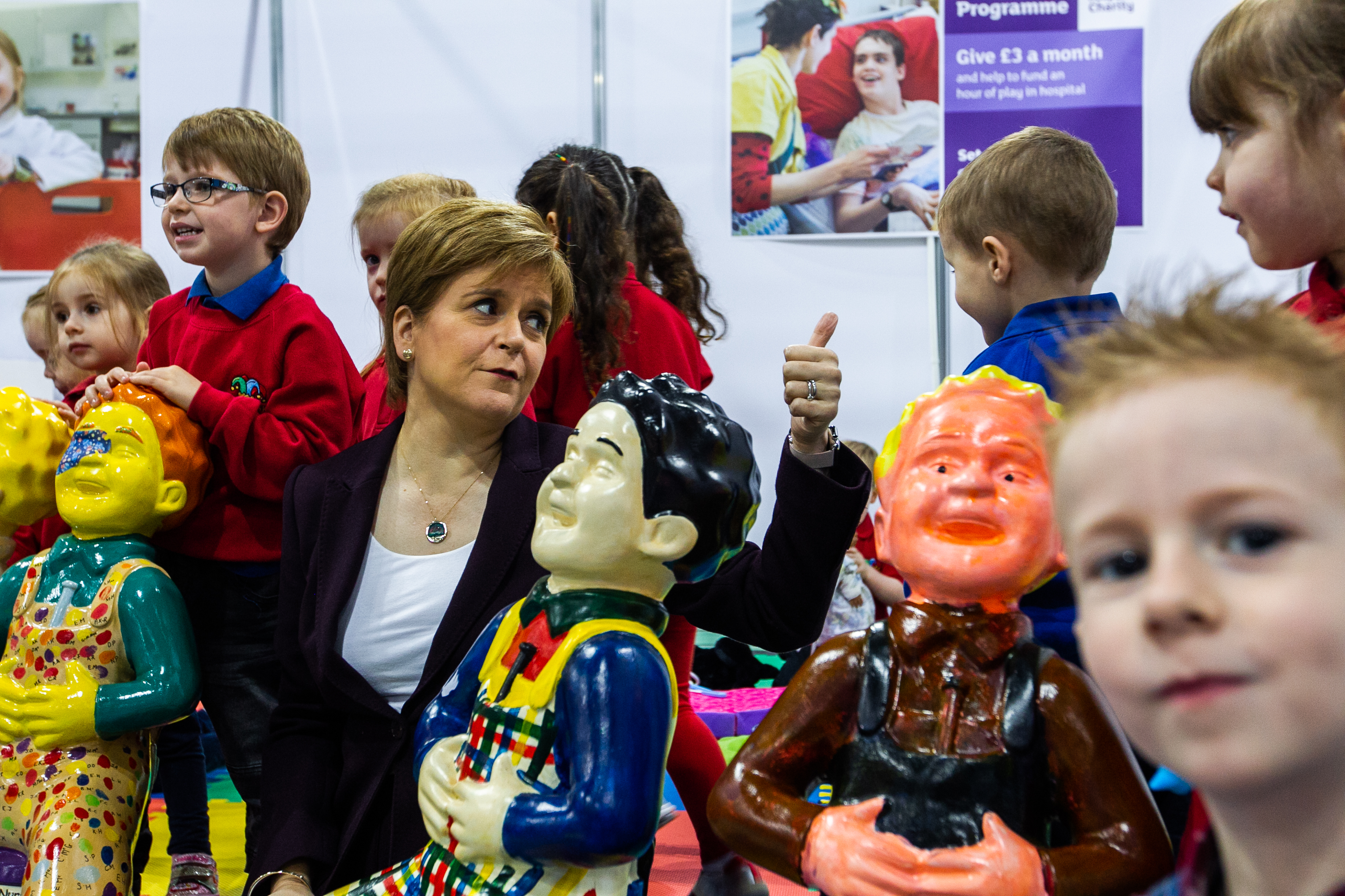 First Minister Nicola Sturgeon meeting local nursery children at the SEC in Glasgow for the opening of the Oor Wullie Bucket Trail event.
