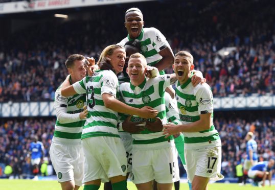 Celebrations for Celtic after second goal against Rangers