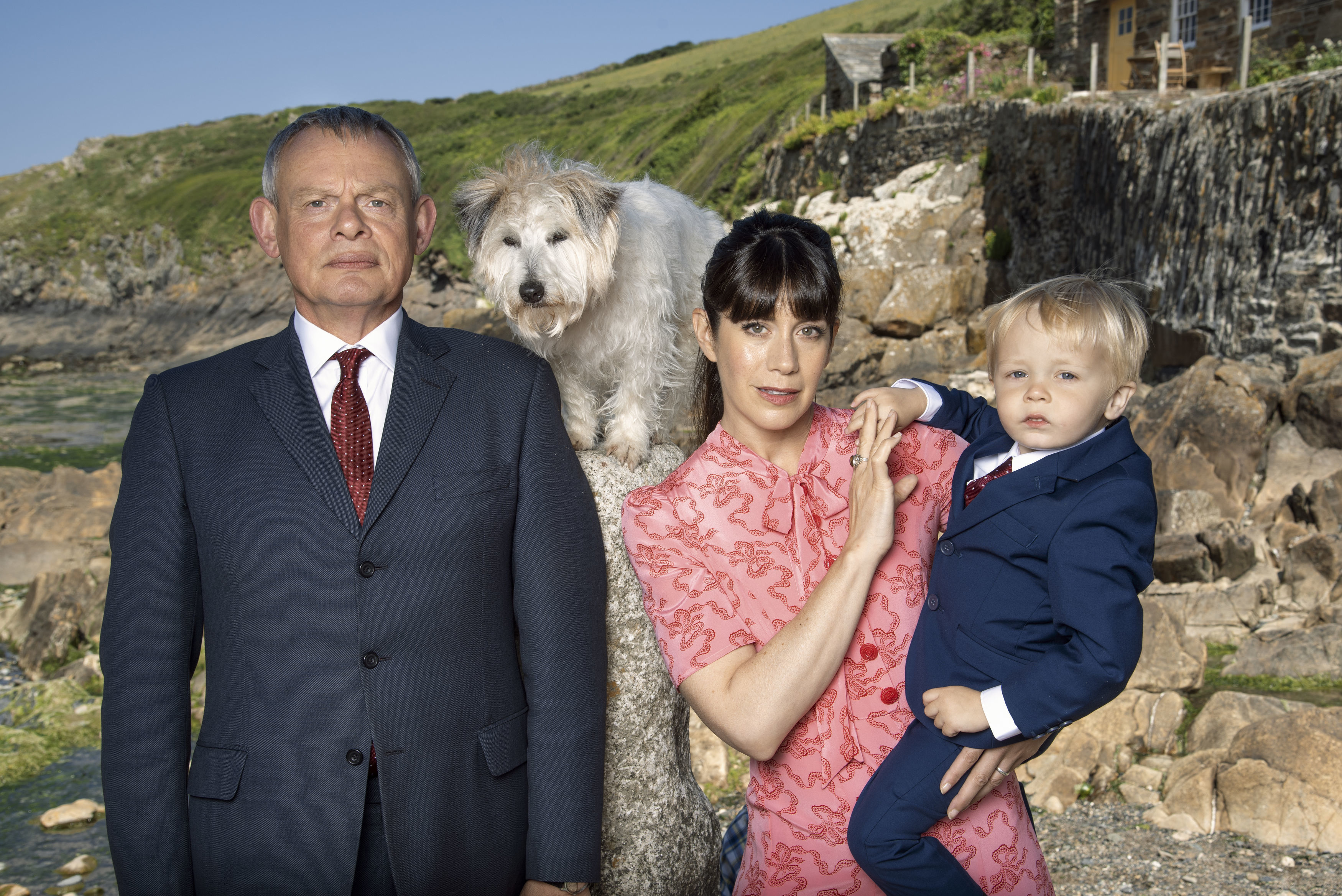 Martin Clunes and Caroline Catz as Doc Martin and Louisa, with little James Henry