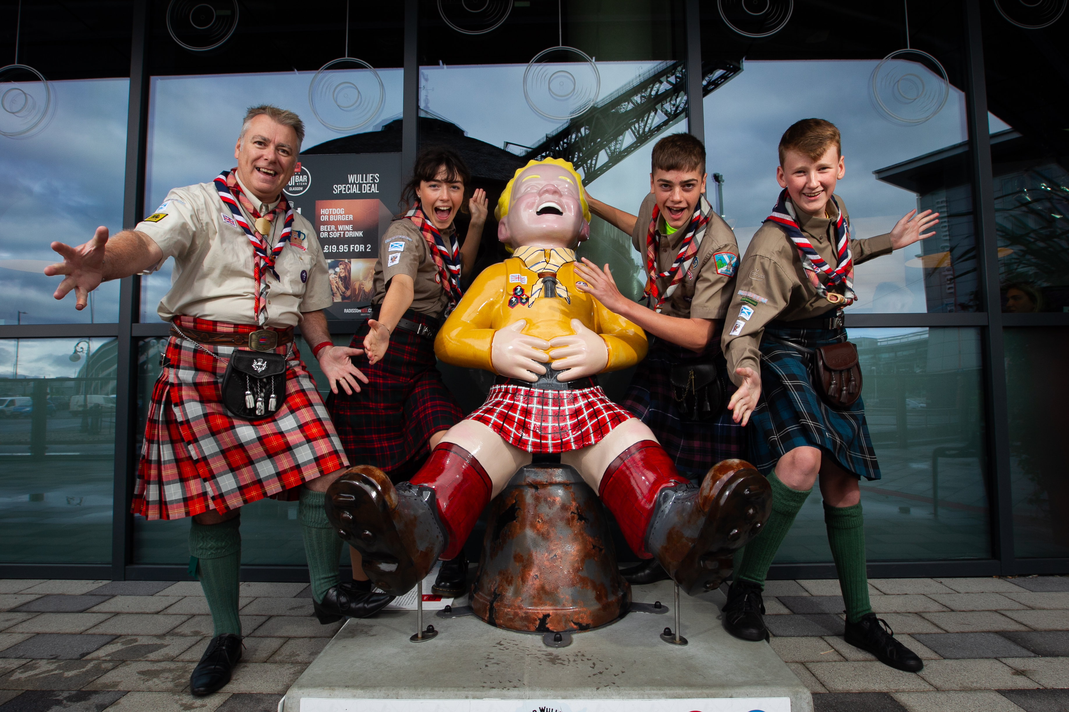Derek Dunsire, Ellie Perkins, Jack Sharp and Rory Dent of the East Scotland Scouts – who are hoping to raise enough cash to buy a Wullie statue – at the Radisson Red Hotel in Glasgow