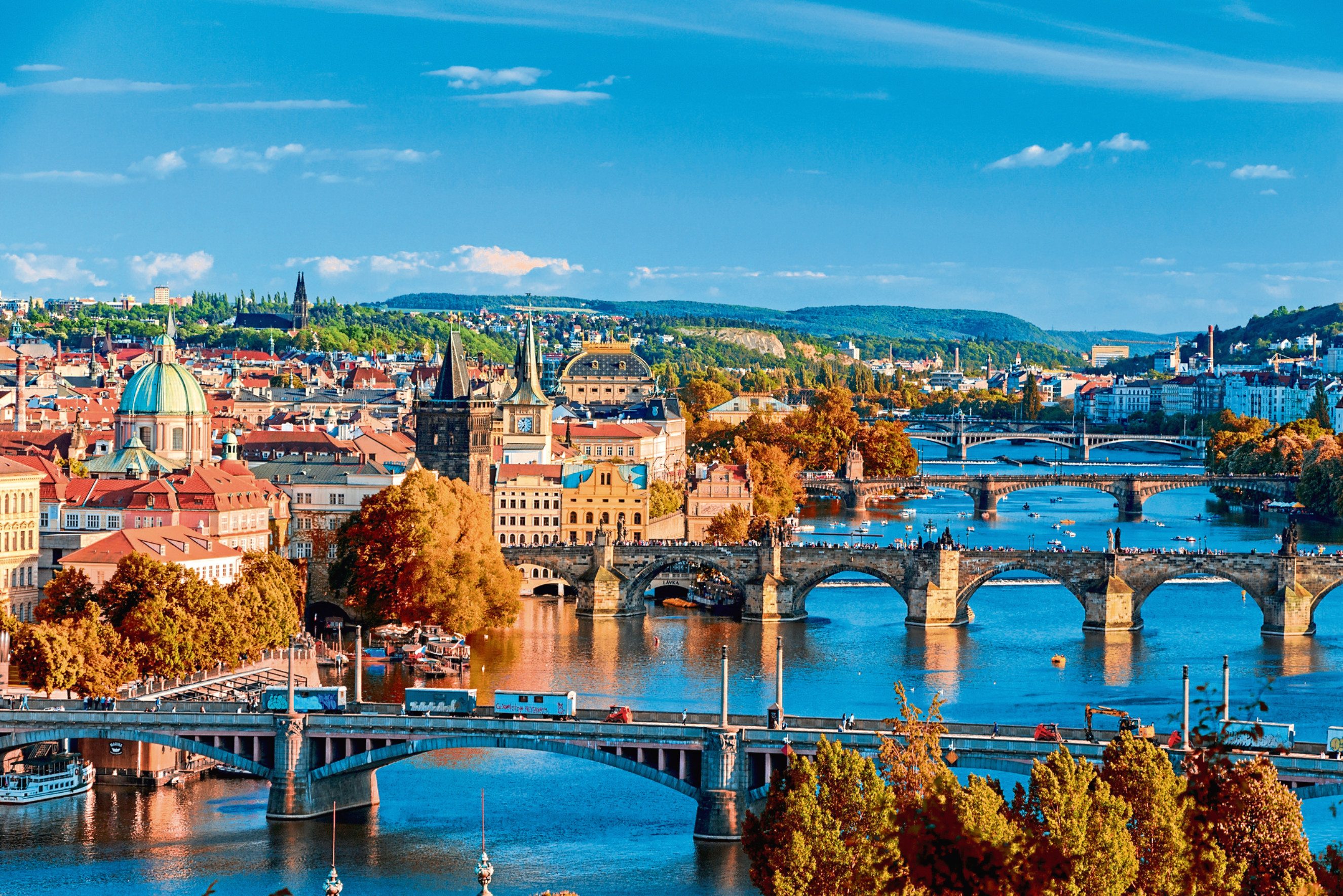 Prague
View of the Vltava River and Charle bridge with red foliage, Prague, Czech Republic