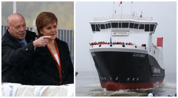Jim McColl and Nicola Sturgeon, left, watch on after she launched the MV Glen Sannox  at the Ferguson Shipyard in 2017