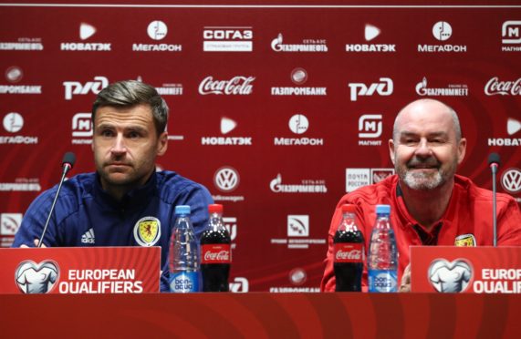 Scotland goalkeeper David Marshall (L) with boss Steve Clarke