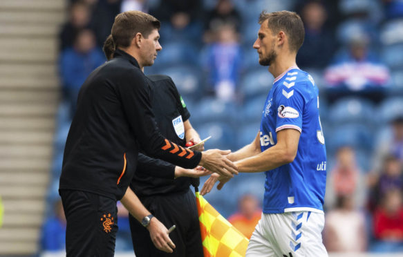 Rangers manager Steven Gerrard (L) with Borna Barisic