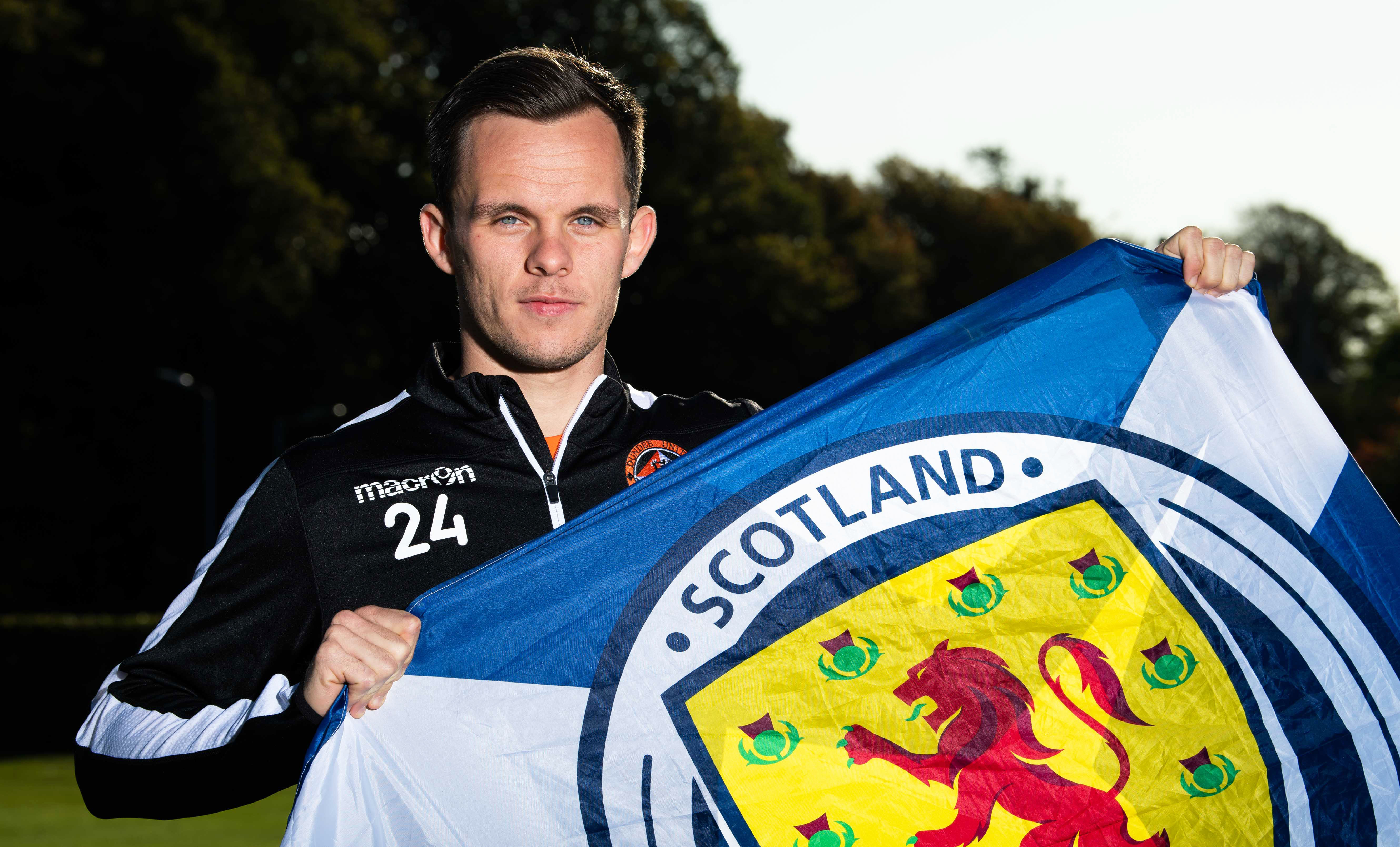 Dundee United's Lawrence Shankland celebrates his call up to the Scotland squad.