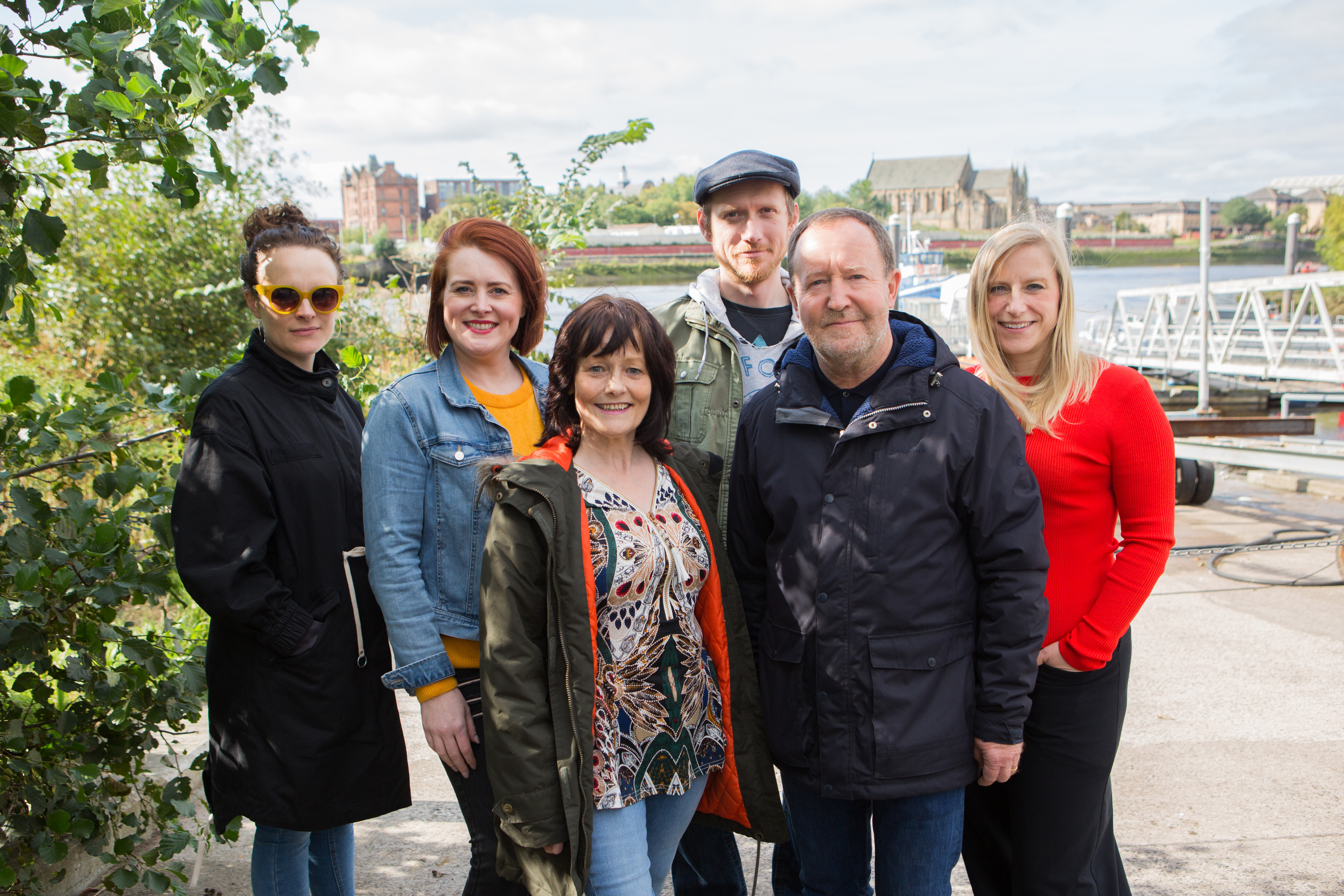 Producer Jemima Levick, far left, and writer Frances Poet, right, with Fibres stars Suzanne Magowan, Maureen Carr, Ali Craig and Jonathan Watson