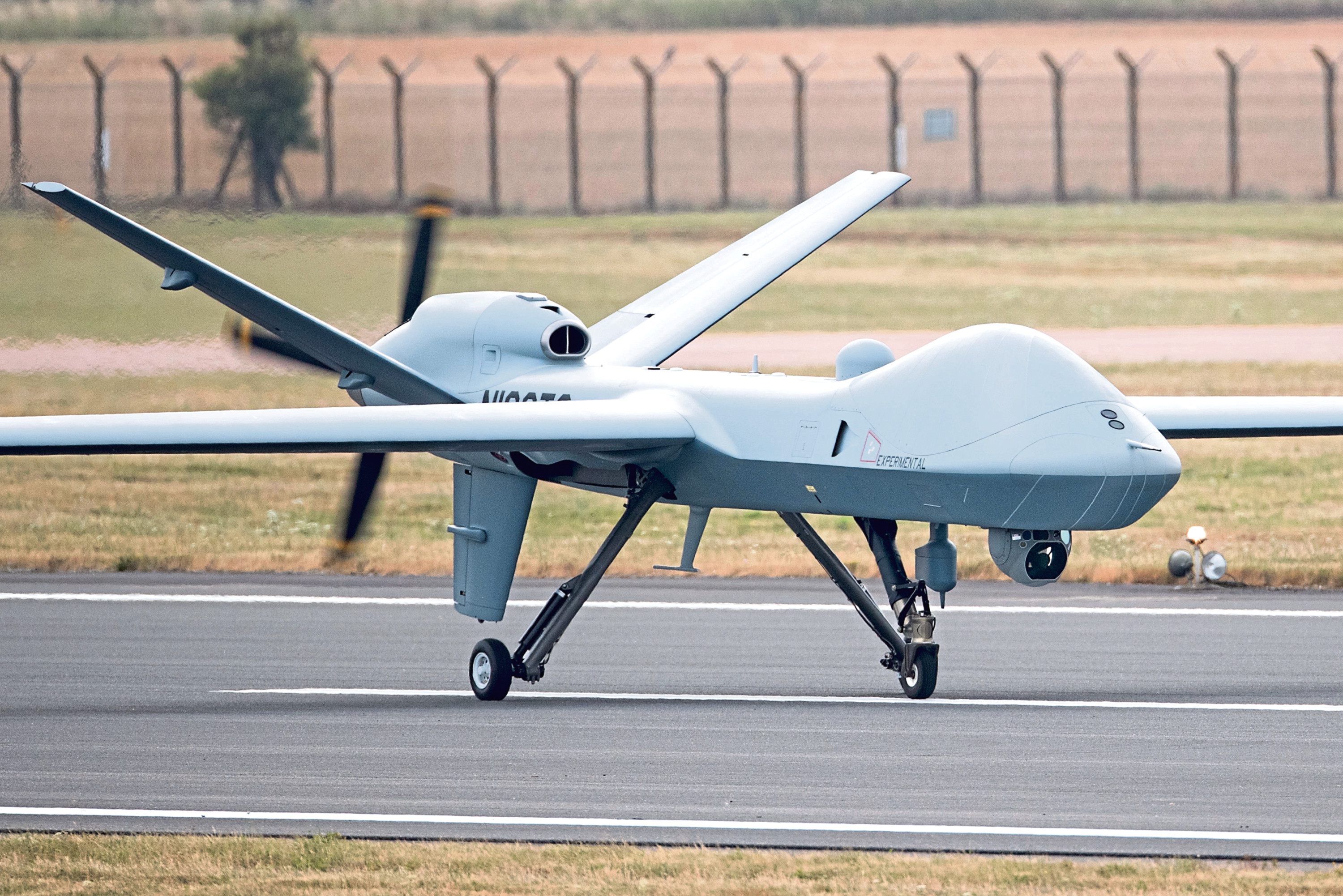 A remotely piloted drone lands at RAF Fairford in Gloucestershire