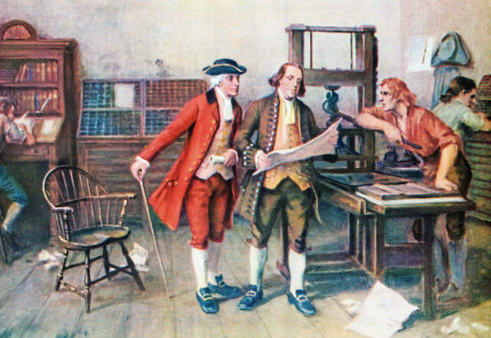Another hoax? 1732 portrait of Benjamin Franklin, who inserted 
a fake chapter into the Bible, and associates in printing presses