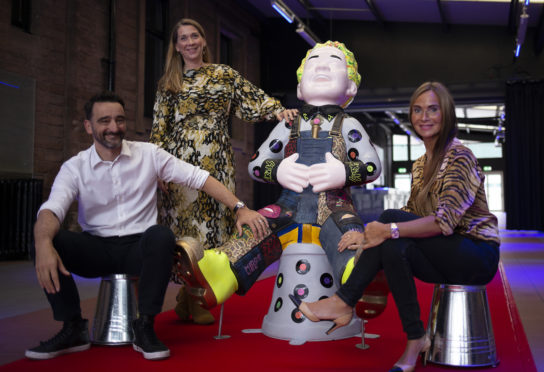 (left to right) Paul DeMarco, owner of the Edinburgh Corn Exchange, Tara Willis, Associate Director (Operations) Coulters and artist Wendy Helliwell