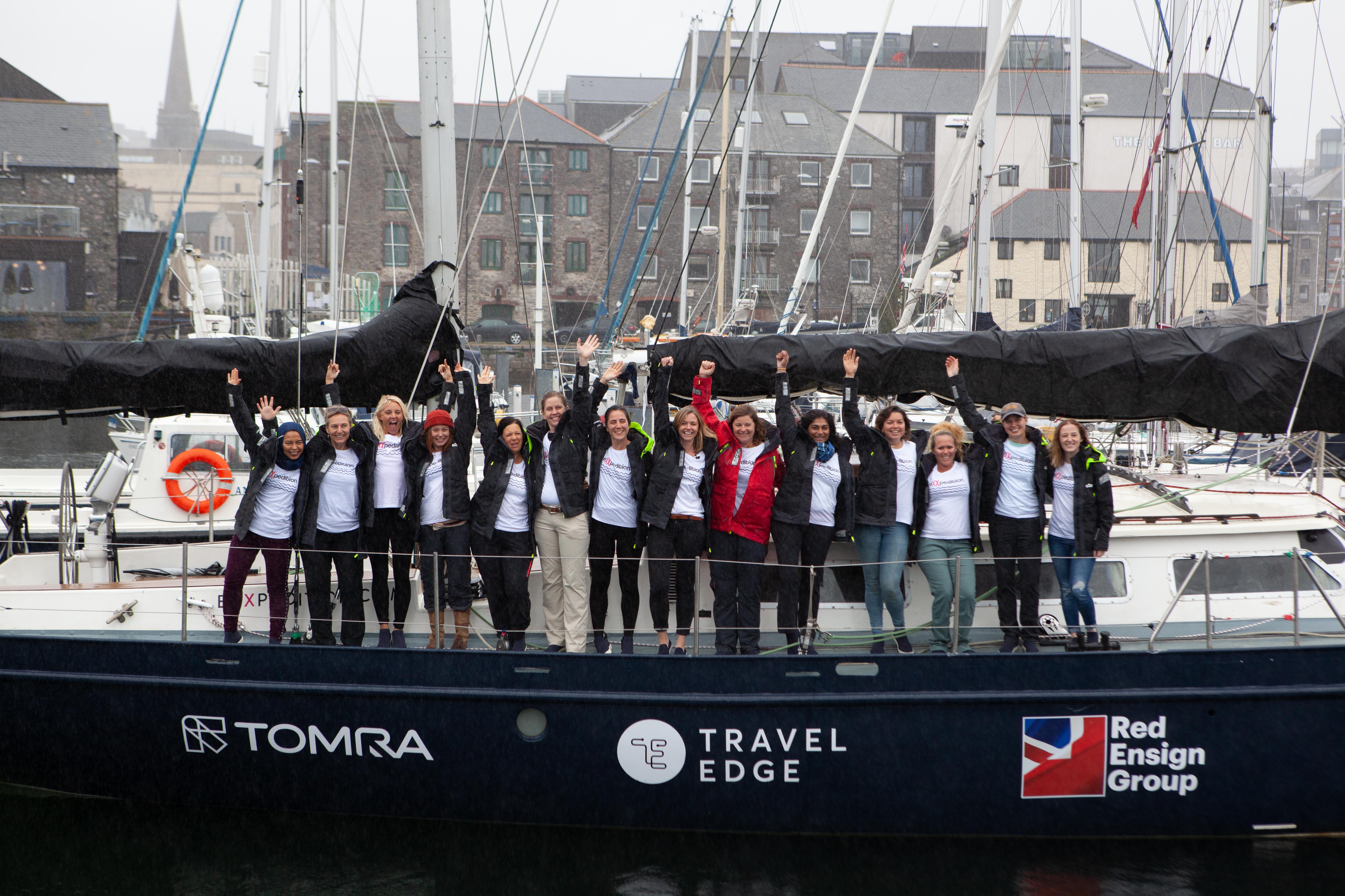 The crew for the first leg depart Plymouth