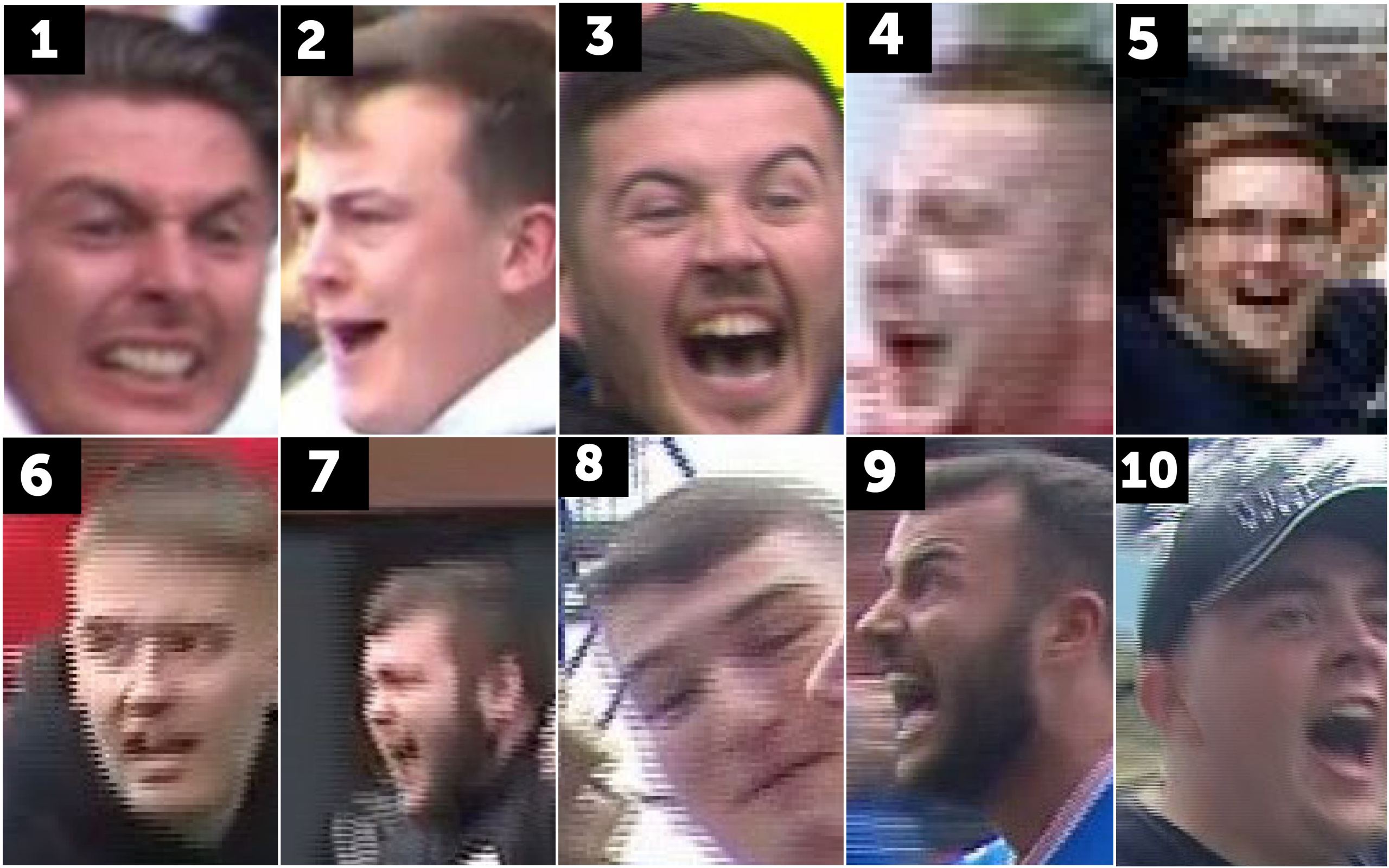10 of 20 men police believe may be able to assist with enquiries in relation to various incidents which occurred at Rugby Park, Kilmarnock on 4 August 2019