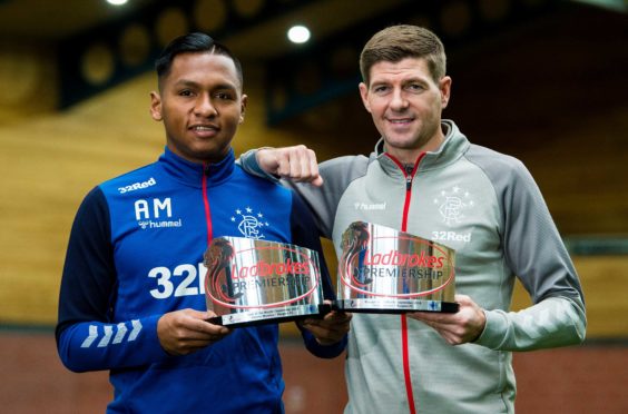 Rangers' Alfredo Morelos (L) and manager Steven Gerrard pictured after being awarded with the Ladbrokes Premiership Player and Manager of the Month award for September