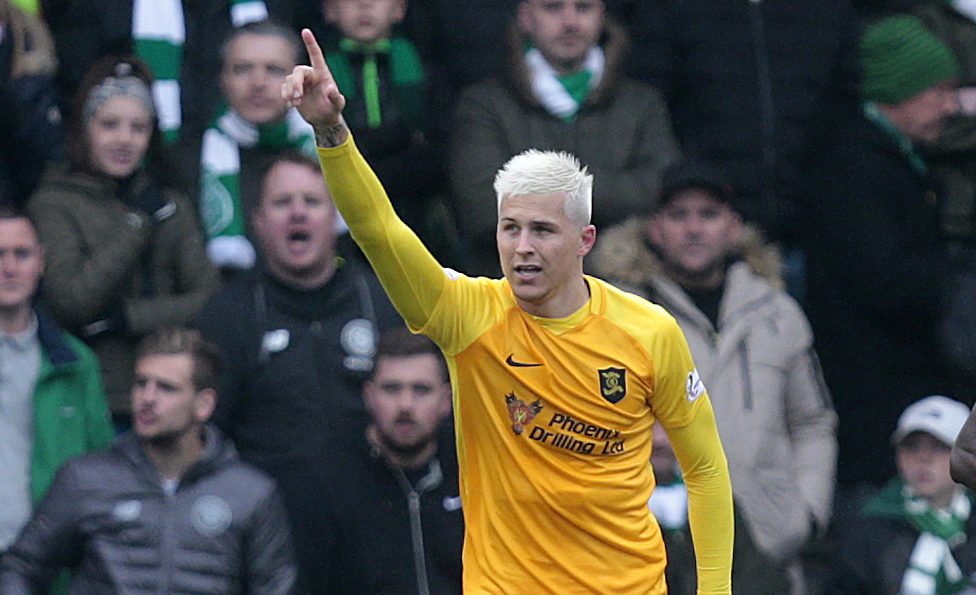 Livingston's Lyndon Dykes celebrates scoring their second goal against Celtic