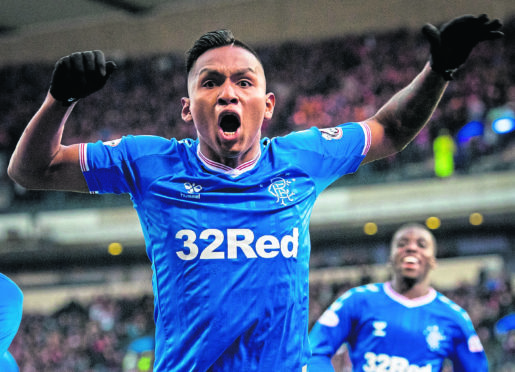 Alfredo Morelos of Rangers celebrates making it 2-0 during the Betfred Cup semi final match between Rangers and Hearts at Hampden Park, on November 3, 2019, in Glasgow, Scotland.
