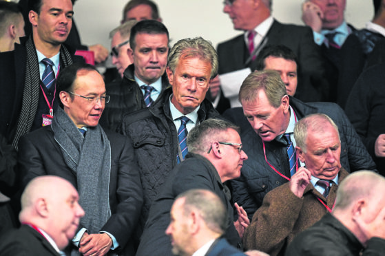 Rangers director Julian Woldhardt, Alistair Johnston, and Dave King during the Ladbrokes Premiership match between Hamilton and Rangers, at the FOY Stadium.