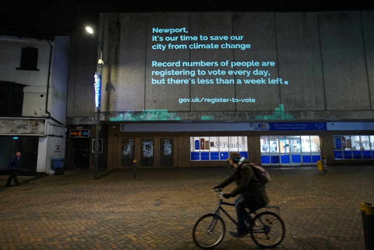 the It's Our Time Campaign of one of their wall projections in Newport, as under-18s and celebrities have helped launched the campaign aiming to motivate young people concerned about climate change to sign up to vote before the registration deadline on November 26.