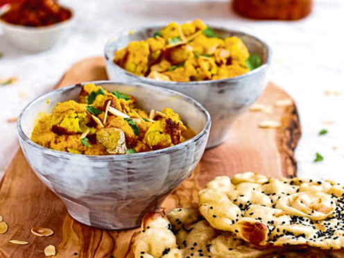 Roasted tofu and cauliflower with maple korma sauce.