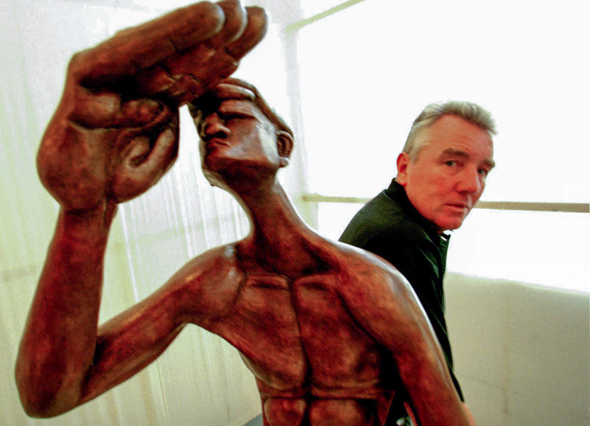 Sculptor and convicted murderer Jimmy Boyle with some of his work at an exhibition in Edinburgh.