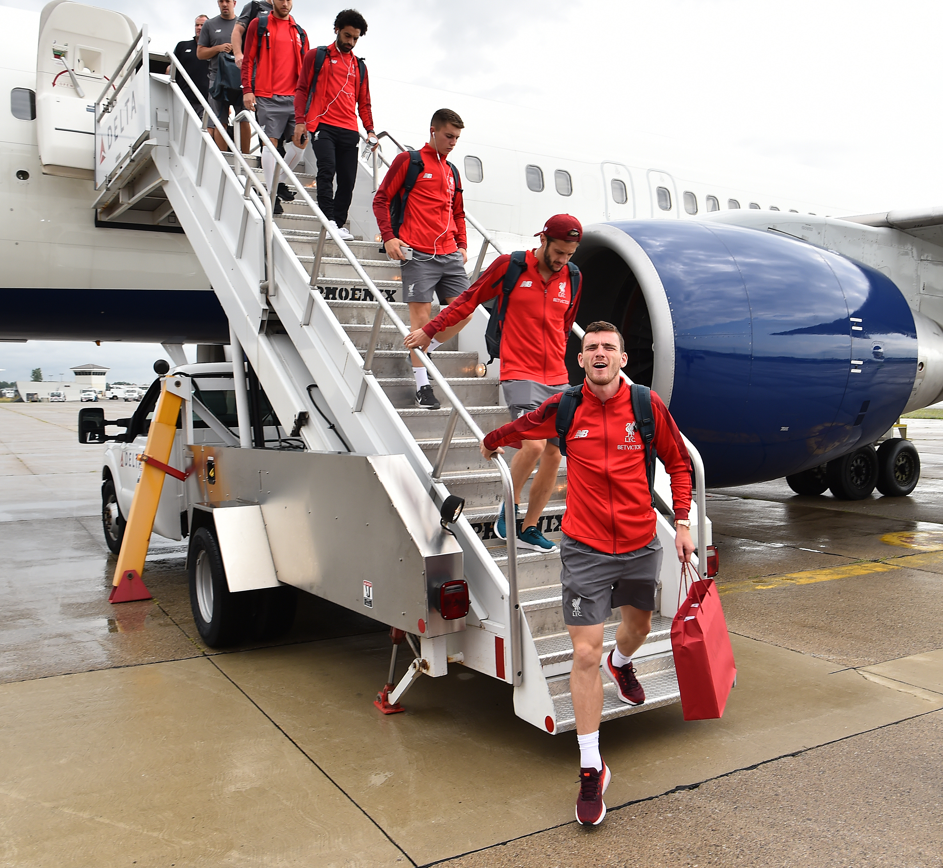 Andy Robertson of Liverpool arriving at Detroit airport for the final leg of the USA tour on July 27, 2018 in Detroit, Michigan.