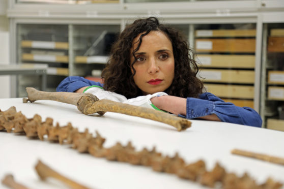 Ella Al-Shamahi with the bones of a Viking warrior in Stockholm’s Swedish History Museum