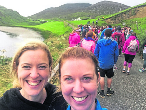Michelle with sister Rebecca Macleod (left) at start of marathon relay.