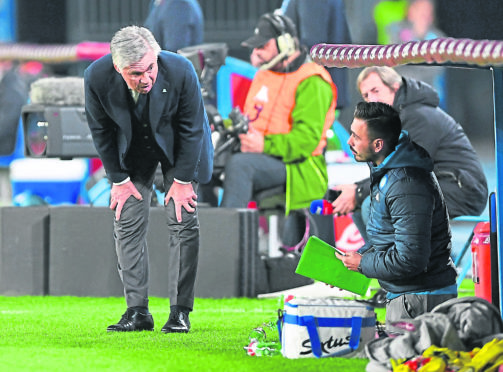 “What are we going to do now, son?” Carlo Ancelotti consults with his son, Davide, something that will be a regular sight at Everton.