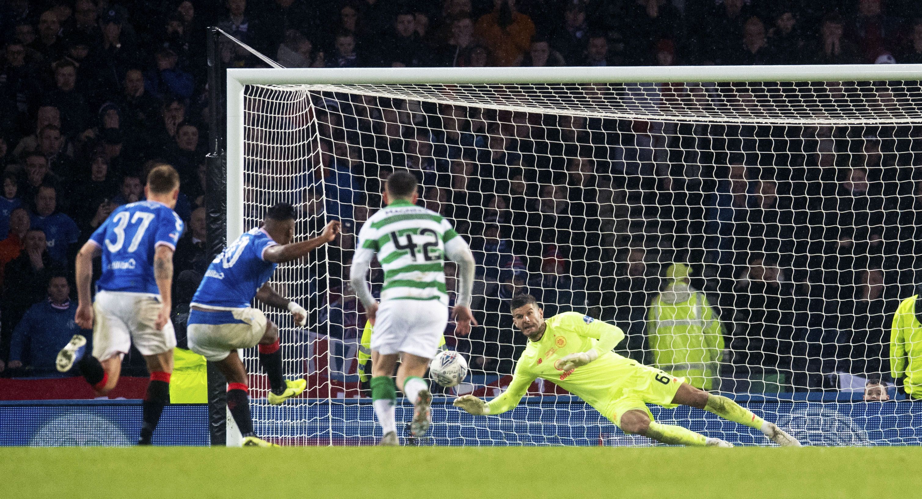 Fraser Forster frustrated Rangers throughout the Betfred Cup Final, including this penalty save from Alfredo Morelos