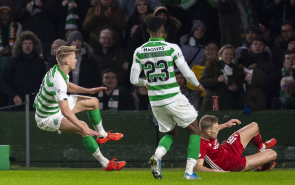 The tackle on Kris Ajer that saw Sam Cosgrove sent off at Celtic Park last Saturday