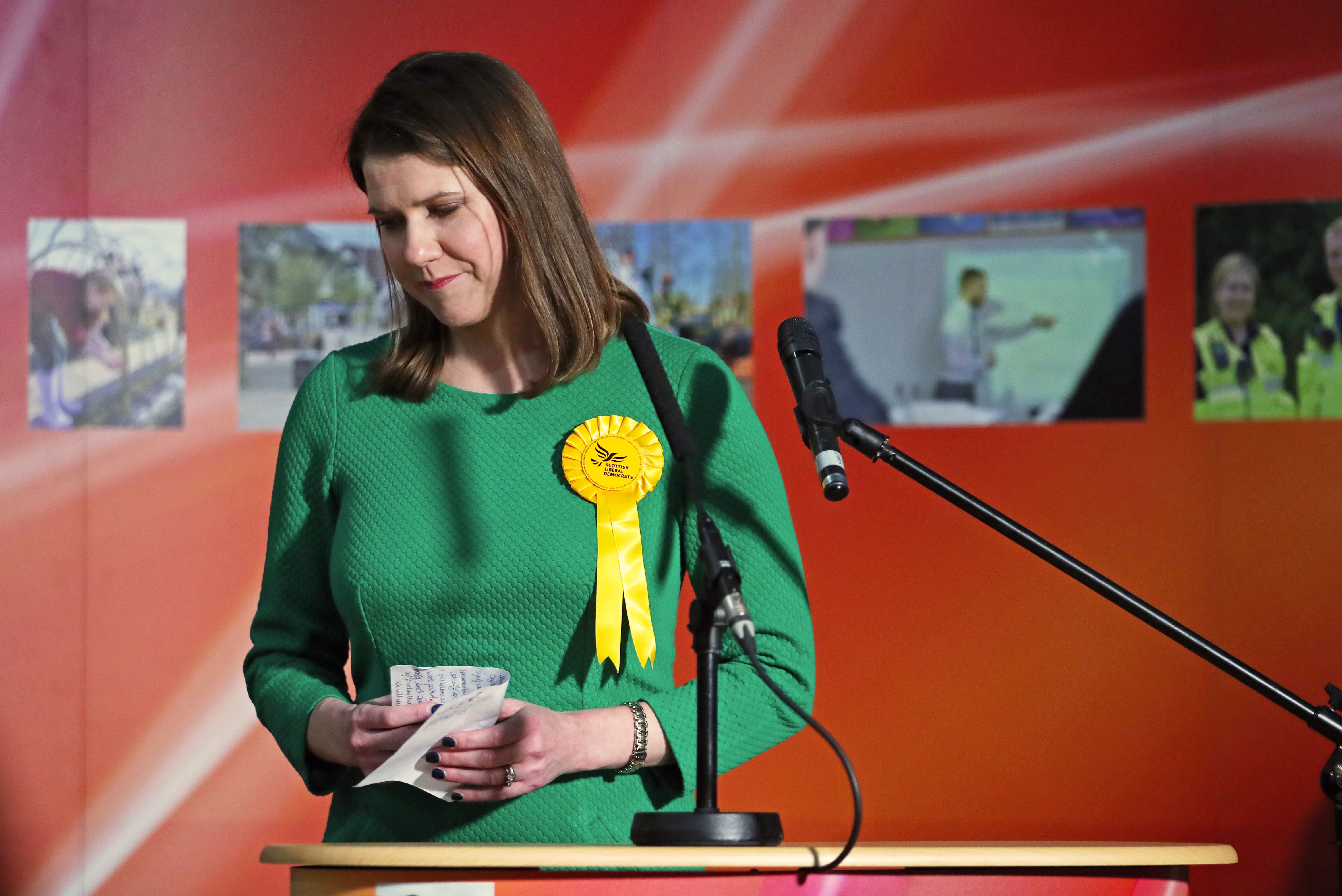 Lib Dem leader Jo Swinson reacts as she loses her East Dumbartonshire seat.