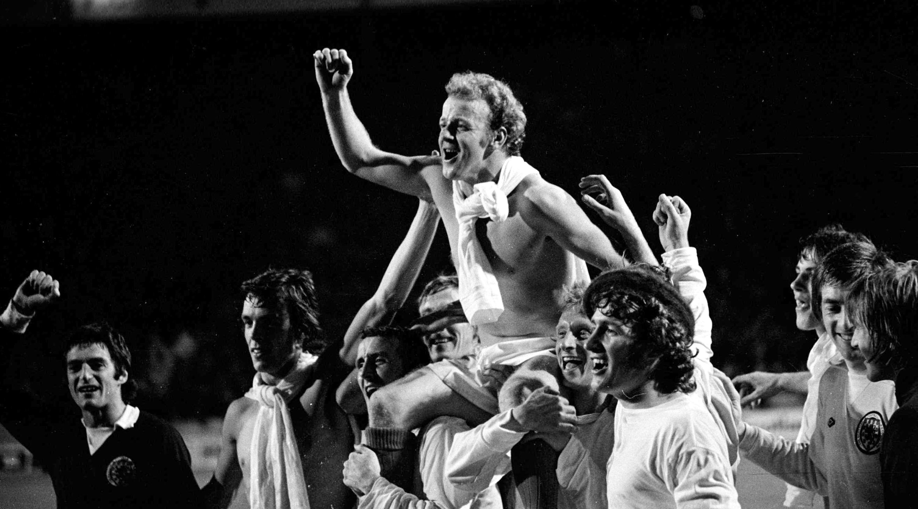 Scotland captain Billy Bremner is carried shoulder high after Scotland had beaten the Czechs in September, 1973, to qualify for the World Cup Finals