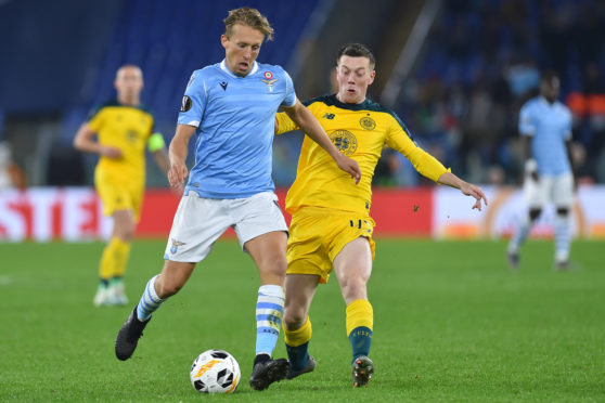 Callum McGregor up against Lucas Leiva of Lazio during Celtic’s Europa League win in Rome