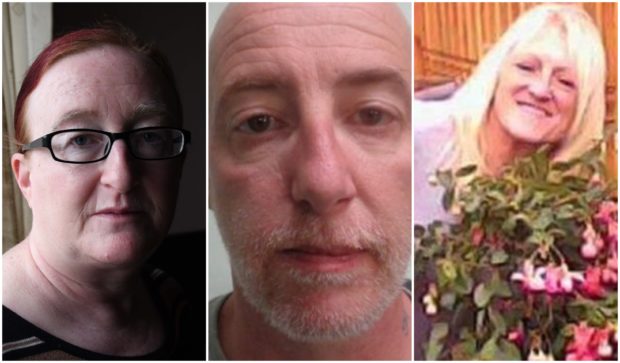 Michelle Cunningham, left, suffered years of abuse and physical attacks by Andrew Highton (centre) who went on to kill Linda Treeby (right)