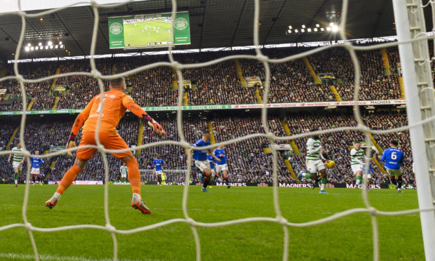 The moment that sparked controversy last Sunday. Callum McGregor’s shot is deflected past Rangers keeper Allan McGregor by Odsonne Edouard’s hand, but referee Kevin Clancy allowed the goal to stand