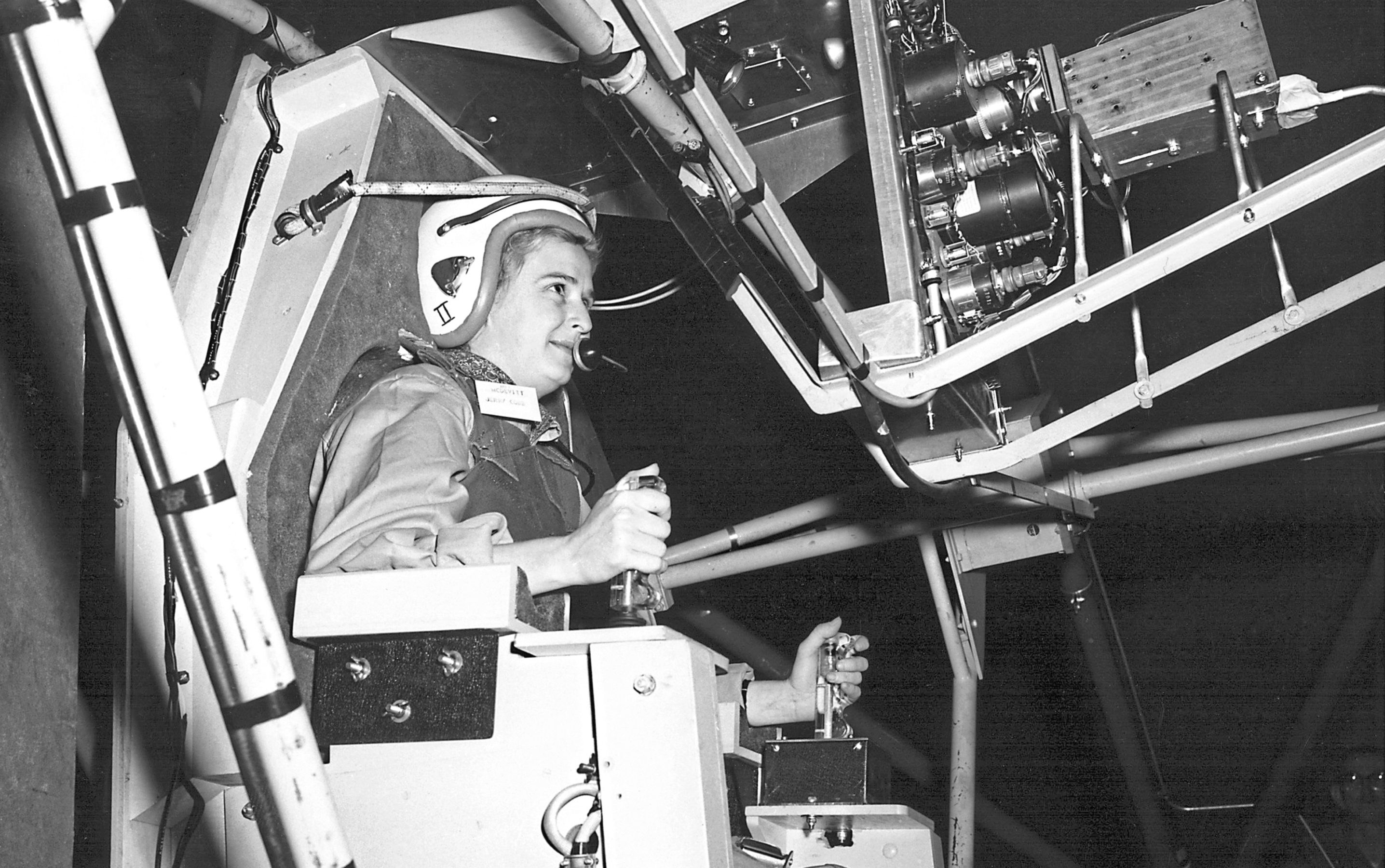 Astronaut trainee Jerrie Cobb learns to control spacecraft spin